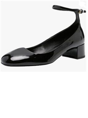 FSJ Black Block Low Heel Pumps Round Toe Ankle Strap Comfortable Wedding Shoes